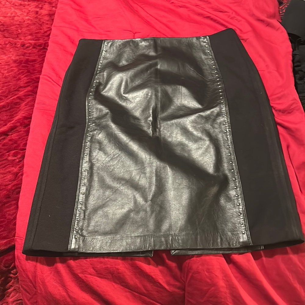 Leather mixed media studded skirt
